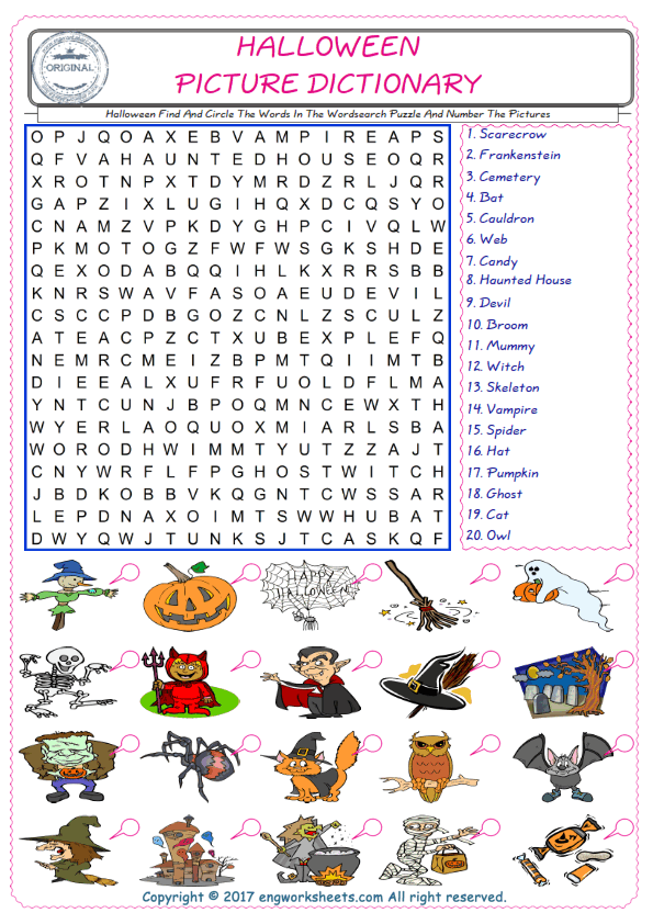  ESL wordsearch worksheets for kids, find Halloween words in the word wordsearch write its number on its picture English worksheet. 